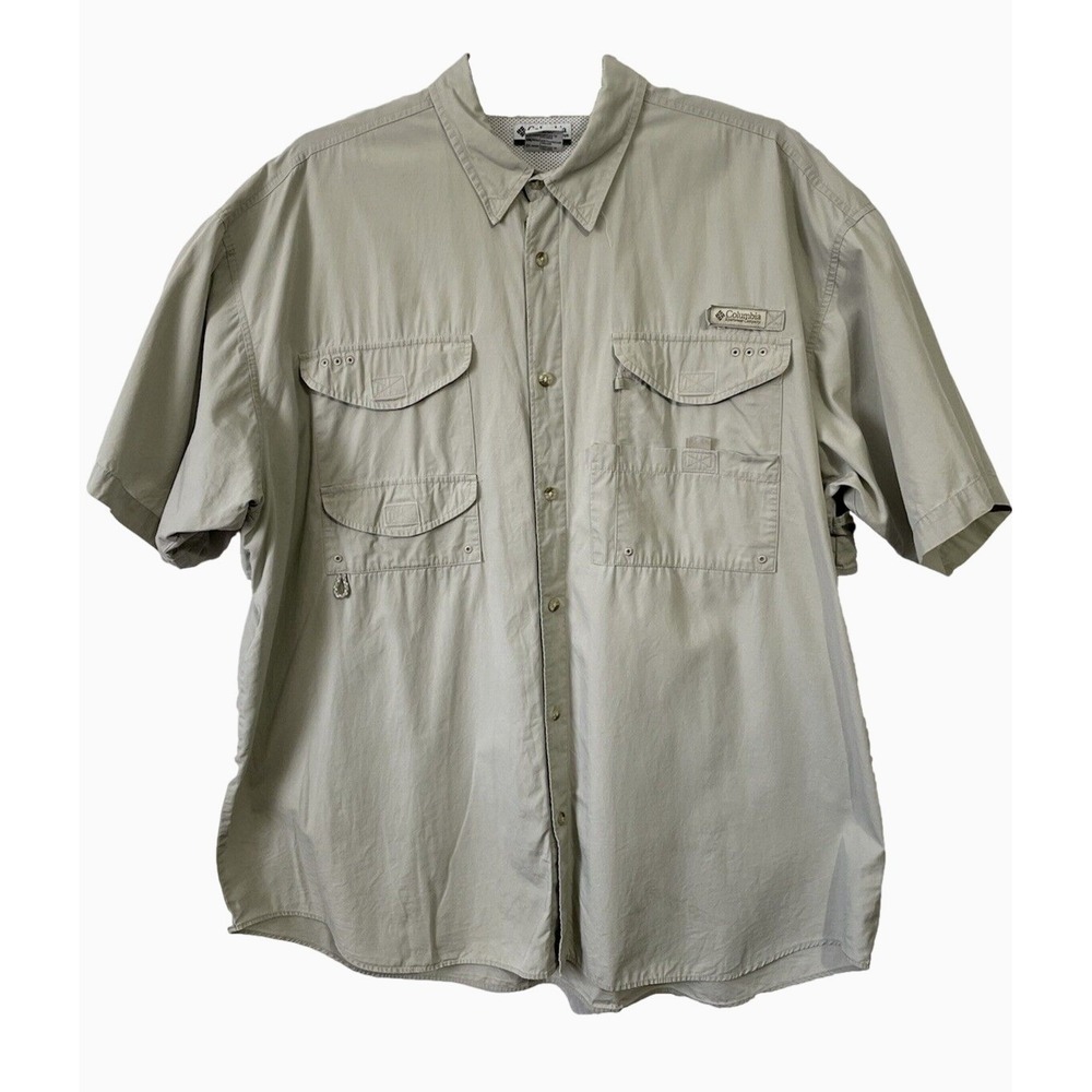 Columbia PFG Fishing Shirt Men Size XXL Tan Short Sleeve Cotton FM713 Mesh-lined